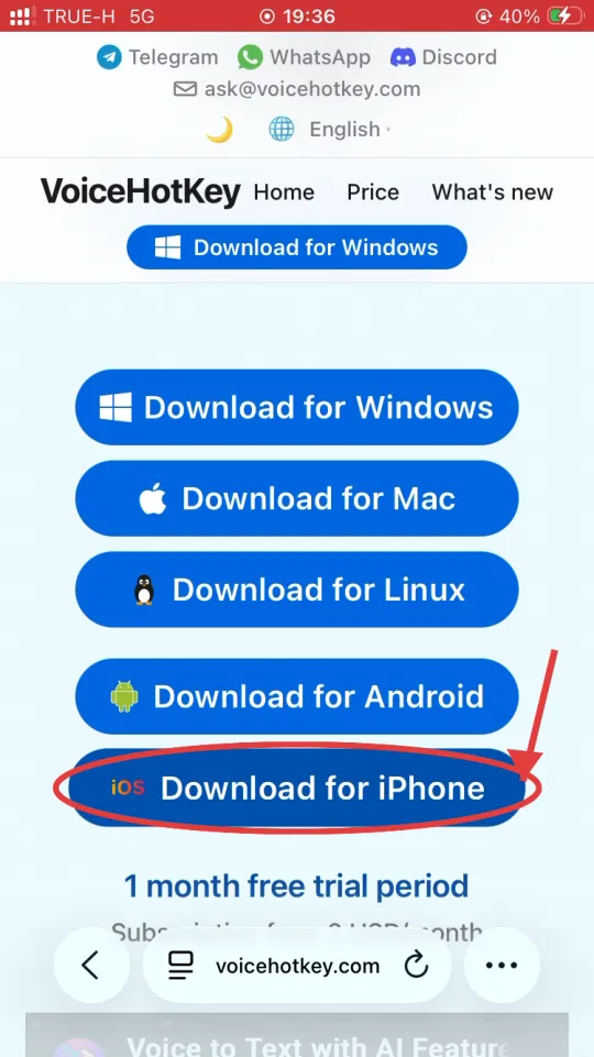 Page d&rsquo;accueil voicehotkey.com avec le bouton Download for iPhone