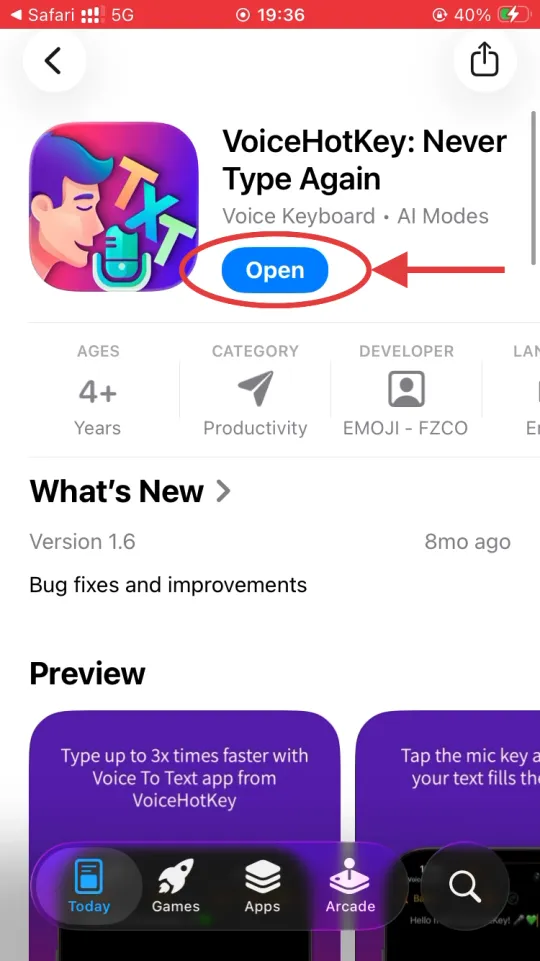 Bouton Open de l&rsquo;App Store après l&rsquo;installation