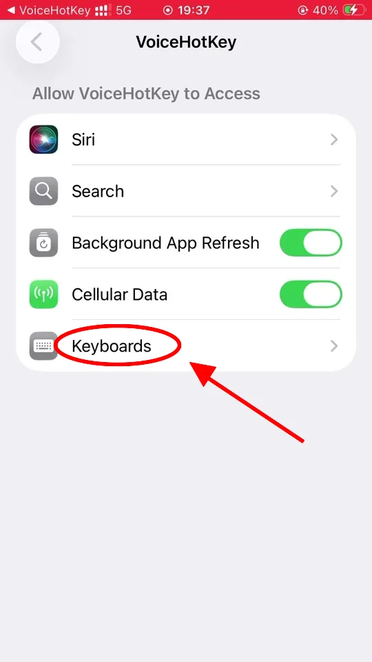 Réglages iOS affichant l&rsquo;accès à VoiceHotKey
