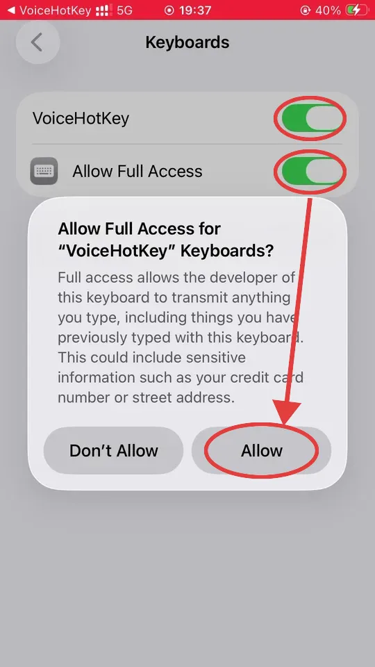 Boîte de dialogue d&rsquo;avertissement Allow Full Access d&rsquo;iOS