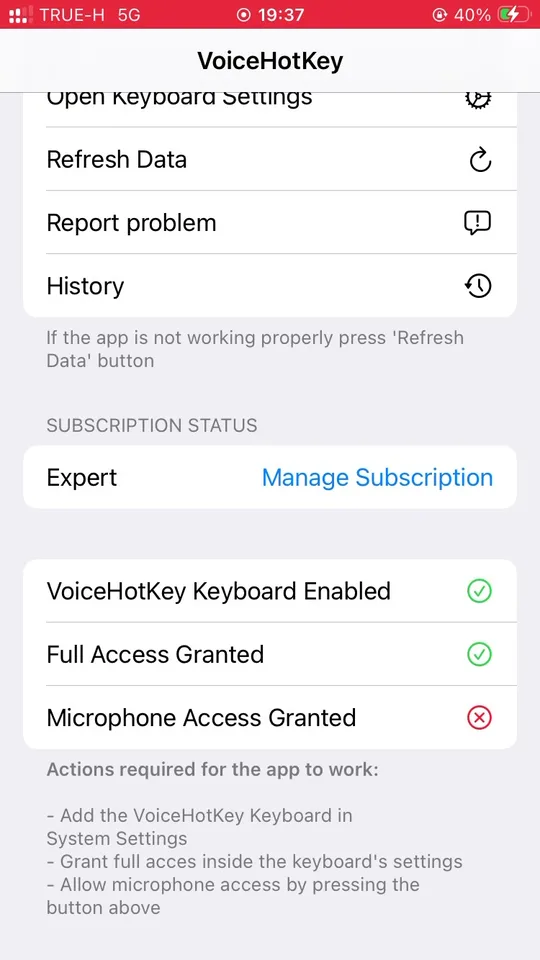 Application affichant les actions requises, l&rsquo;autorisation du microphone toujours manquante