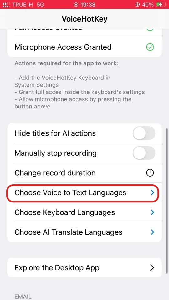 Options des réglages VoiceHotKey