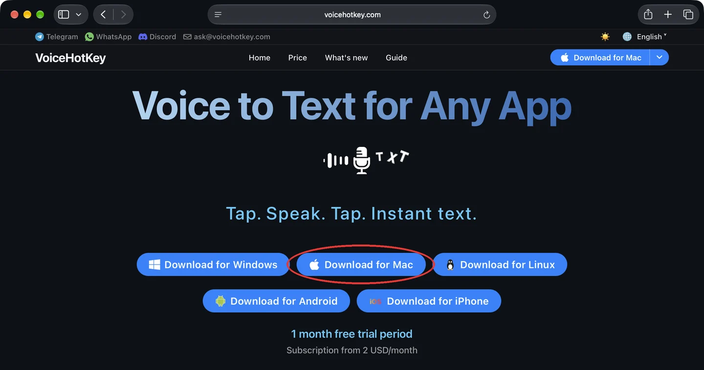 Page d’accueil de voicehotkey.com avec le bouton de téléchargement pour Mac