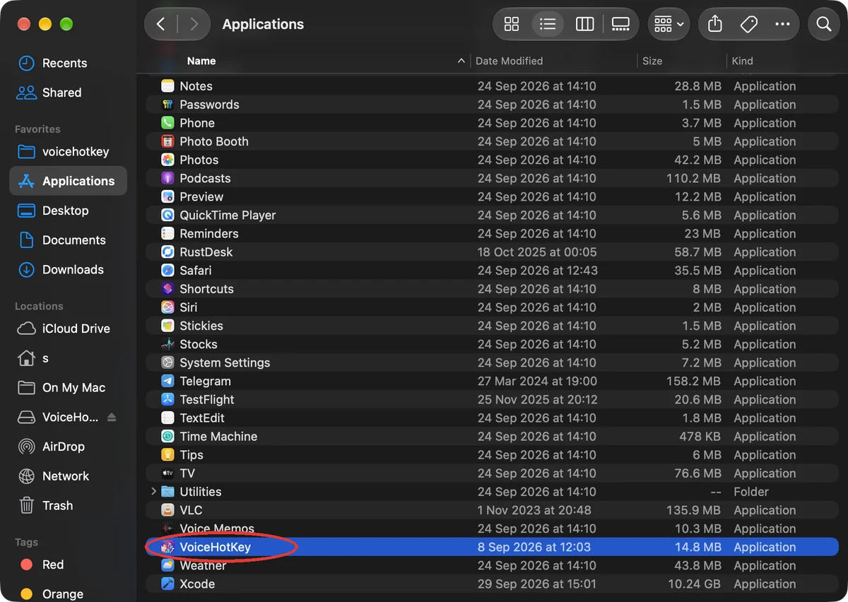 VoiceHotKey dans le dossier Applications