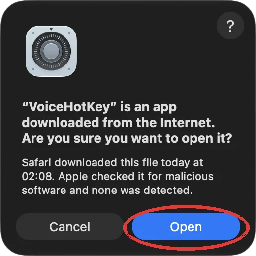 Fenêtre macOS pour une application téléchargée sur Internet, avec le bouton Ouvrir
