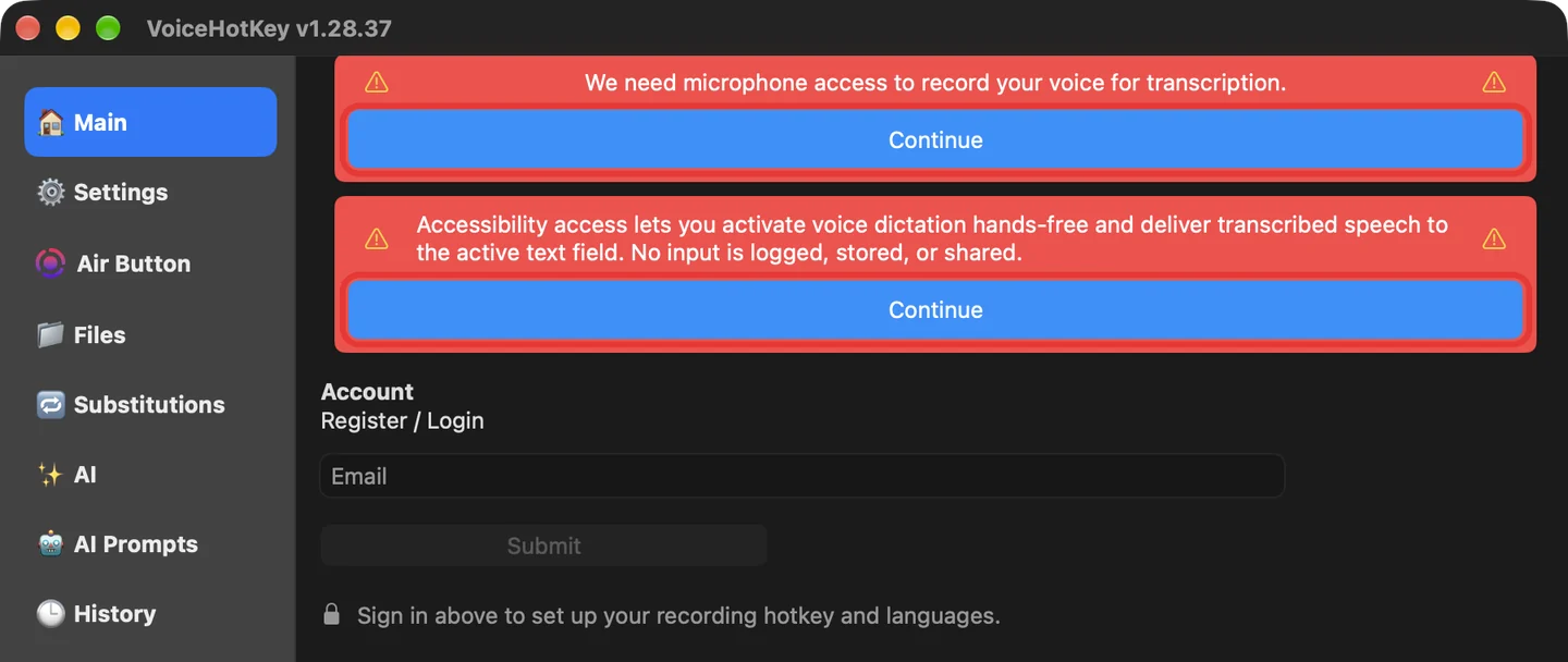 Fenêtre principale de VoiceHotKey avec les avertissements de microphone et d’accessibilité