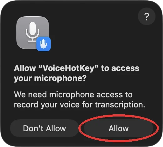 Demande d’accès au microphone de macOS avec le bouton Autoriser