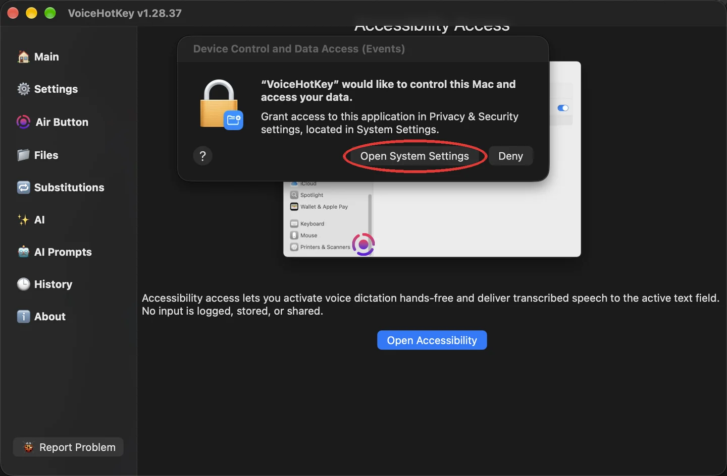 Demande d’accessibilité de macOS avec le bouton d’ouverture des réglages système