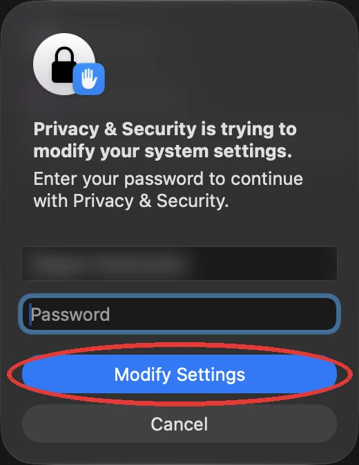 Demande de mot de passe de macOS avec le bouton de modification des réglages