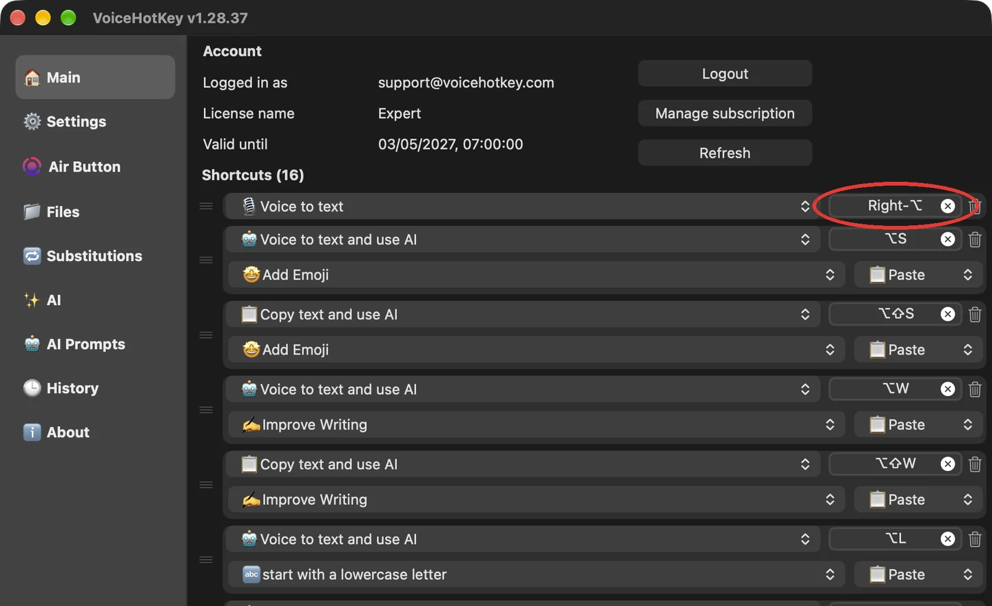 VoiceHotKey après connexion, avec le raccourci de dictée sur Option droite