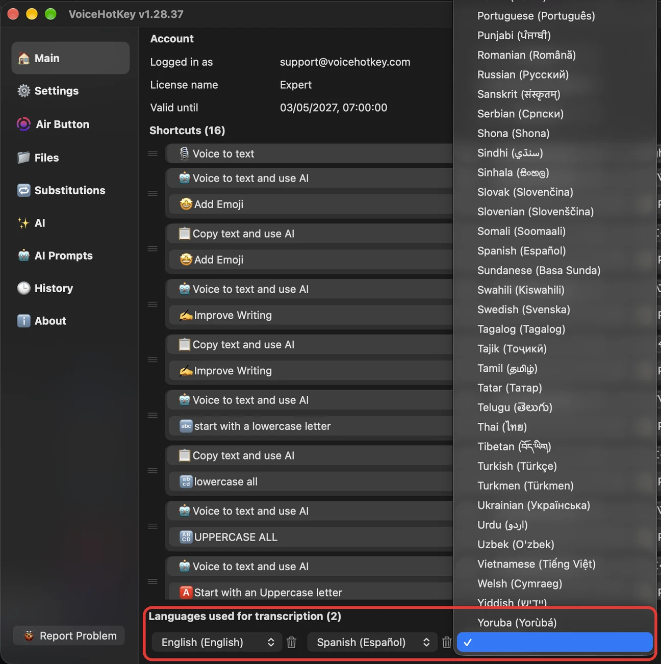 Langues de transcription avec la liste des langues ouverte