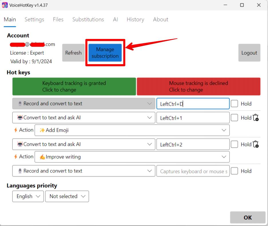 VoiceHotKey Windows Gérer l&rsquo;abonnement